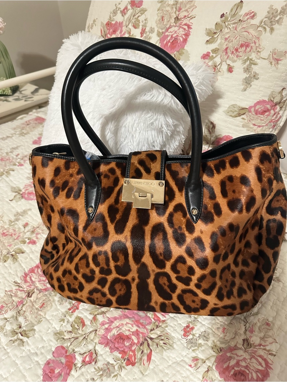 Jimmy Choo Leopard-Print Tote with Black Trim and Gold Hardware